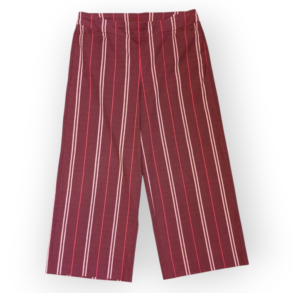Chicos Brigitte Red Striped Slub Slacks Wide Leg Cropped Dress Pants Women's